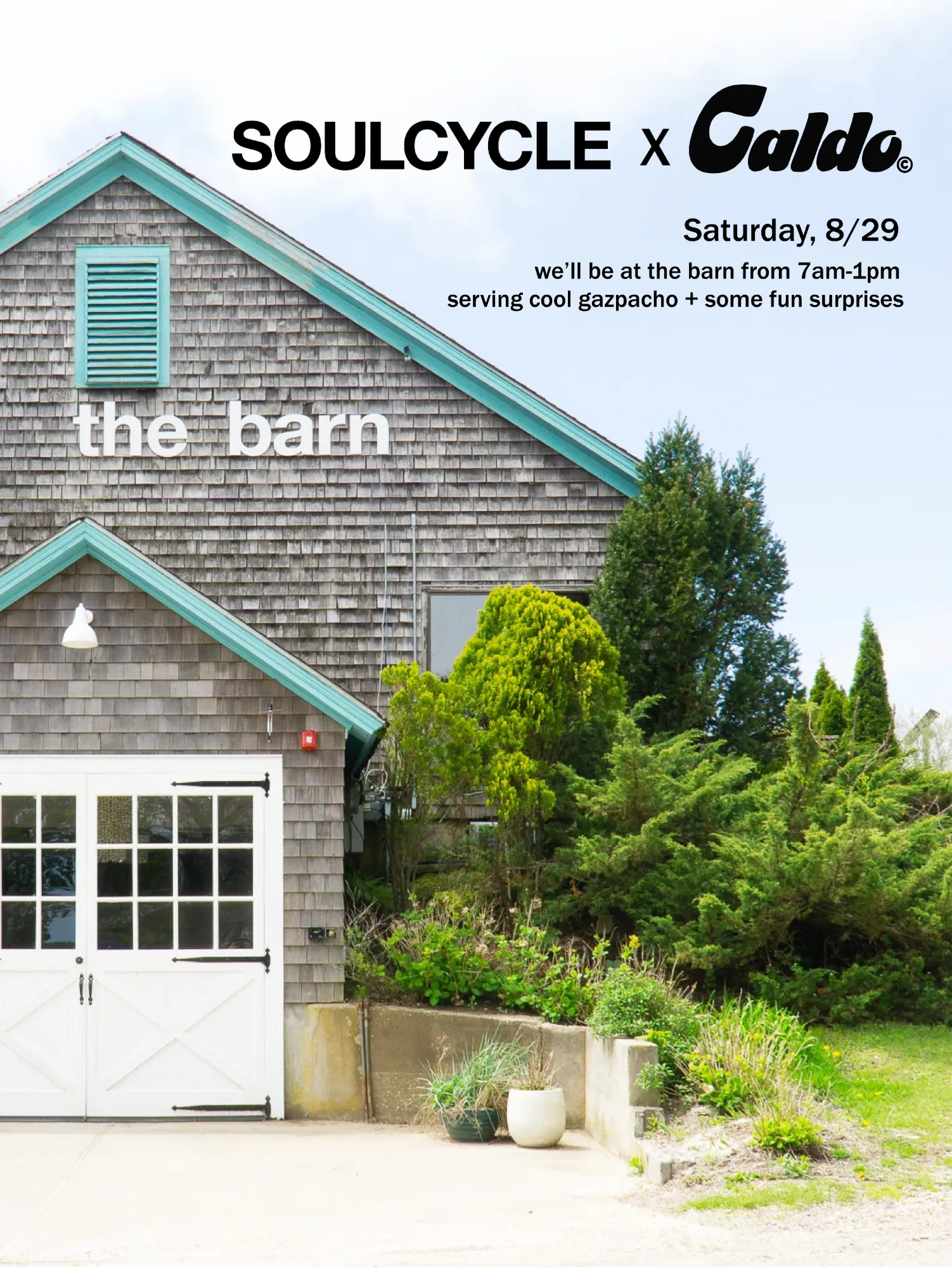 SoulCycle x Caldo. Saturday 8/29 — we'll be at the barn from 7am to 1pm serving cool gazpacho and some fun surprises.